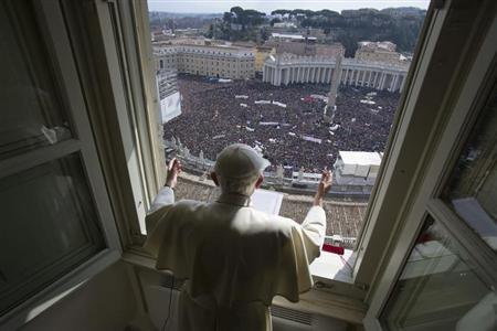 Pope Benedict XVI leads his last Angelus prayer before stepping down in Saint Peter's Square at the Vatican