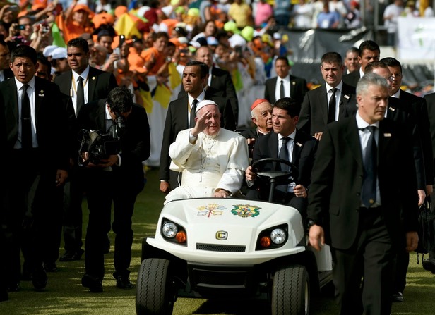 Pope Francis waves upon his arrival at the stadium of Morelia, Michoacán State, Mexico on February 16.