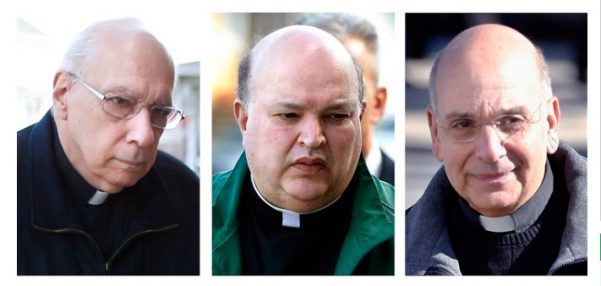 This combination of file photos shows Giles Schinelli, left, Anthony Criscitelli, center, and Robert D'Aversa, when they were arraigned on charges of child endangerment and criminal conspiracy at a district magistrate in Hollidaysburg, Pa.