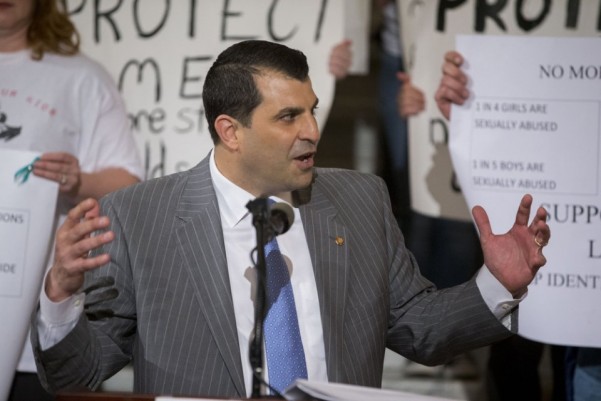 Rep. Mark Rozzi, D-Berks County, and a victim of sex abuse as a child, speaks at the Crime Victim Awareness Rally in the Rotunda at the Pennsylvania State Capitol in Harrisburg, Pa., Apr. 11, 2016.
