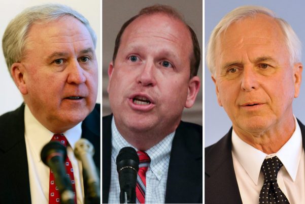 Sen. John Rafferty (from left) and colleagues Daylin Leach and Stewart Greenleaf, all of Montco, have yet to make public commitments on a measure whose provisions include relaxing the deadline for civil and criminal cases of child sex abuse.