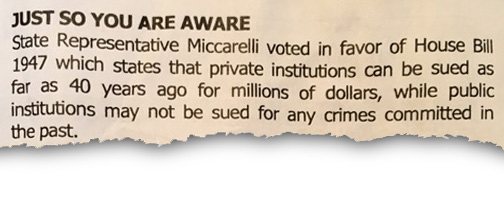 A church bulletin called out Nick Miccareli for his support of a bill to allow victims of sexual abuse more time to sue their abusers.
