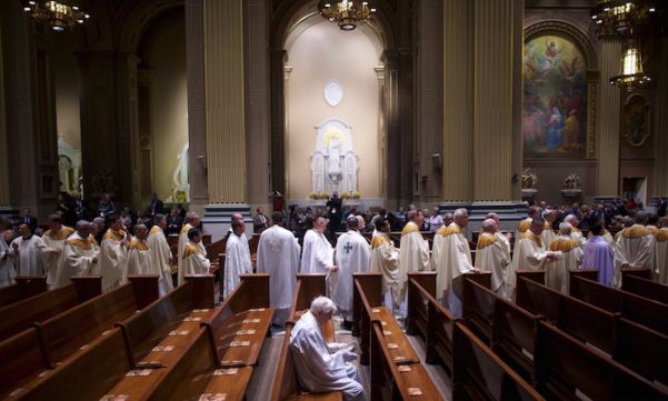 Clergy process into the Cathedral Basilica of Saints Peter and Paul, ahead of the papal mass in Philadelphia, Pennsylvania on 26 September 2015. 