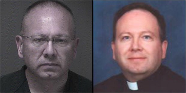 The Rev. Kevin Gugliotta, seen at left in a police mugshot and at right in a portrait for the Archdiocese of Newark, was arrested on child pornography charges in October. He is being held in lieu of $1 million cash bail. 